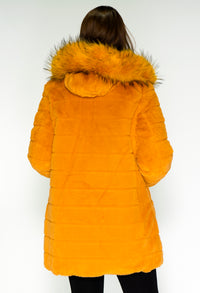 Reversible Mustard Coat with Detachable Faux Fur Hood