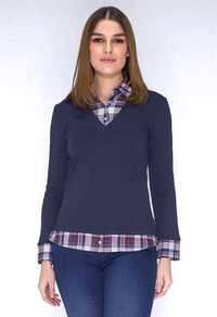 Navy Top with Checked Shirt Details