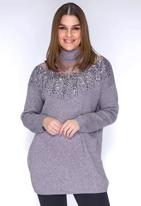 Grey Sequin Long Line Knit