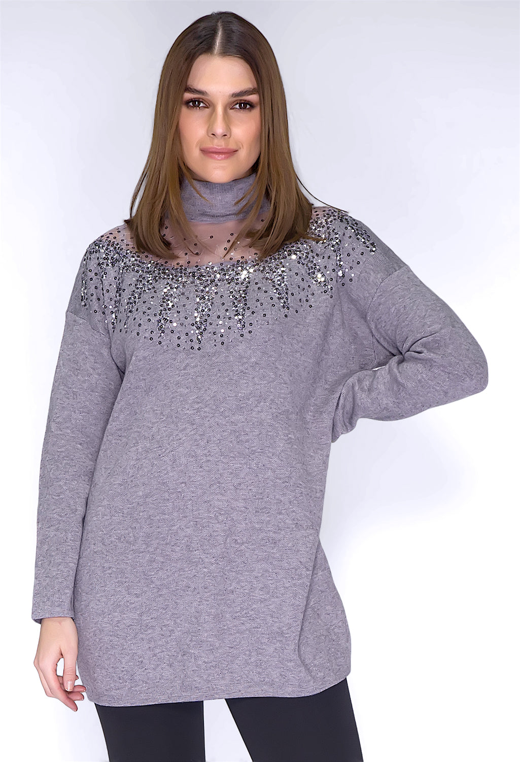 Grey Sequin Long Line  Knit