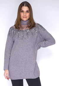 Grey Sequin Long Line Knit