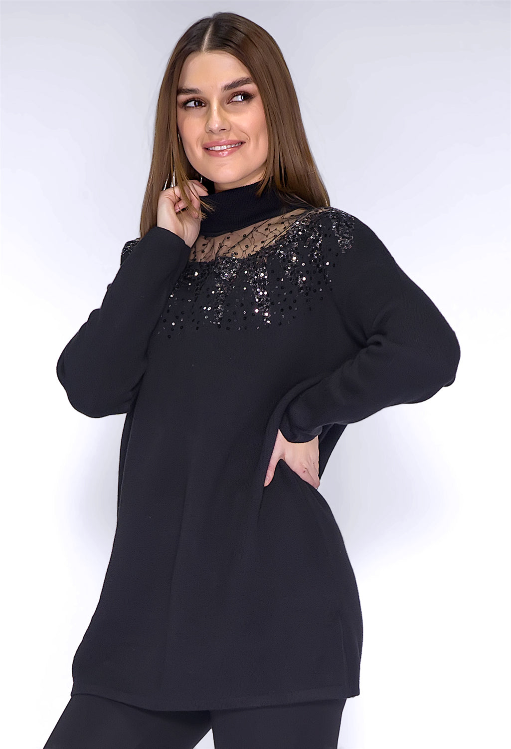 Black Sequin Long Line Knit