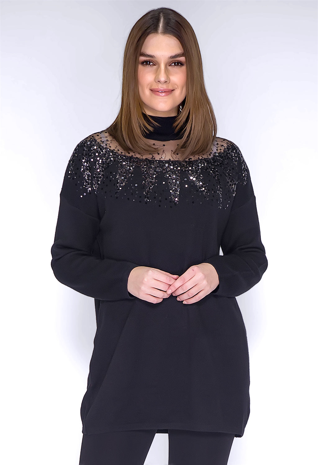 Black Sequin Long Line Knit