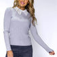 Light Grey Ribbed Knit Top with Lace Collar