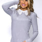 Light Grey Ribbed Knit Top with Lace Collar