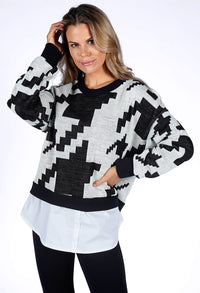 Beige Geometric Design Knit Pullover with Shirt Details