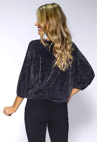 Black Glittered Top with Tied Hemline