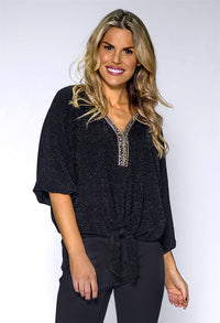 Black Batwing Top with Studded Neckline