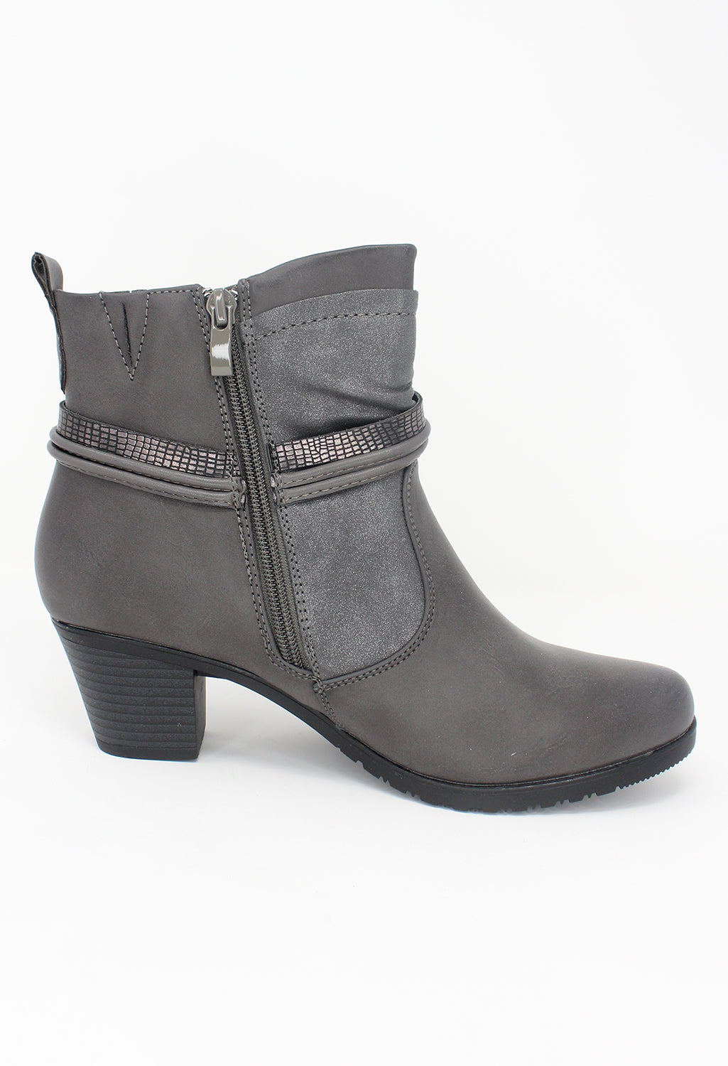 Grey Block Heel Plain Front Ankle Boot