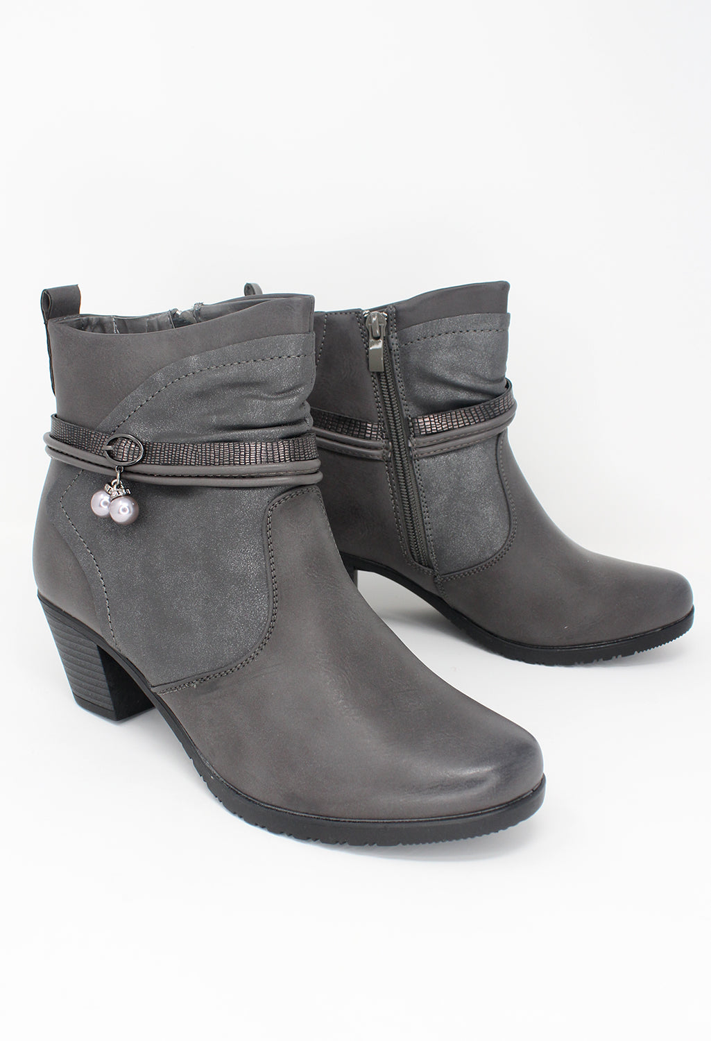 Grey Block Heel Plain Front Ankle Boot