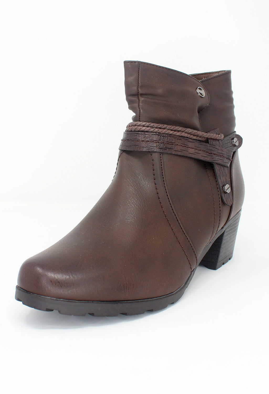 Brown Block Heel Plain Front Ankle Boot