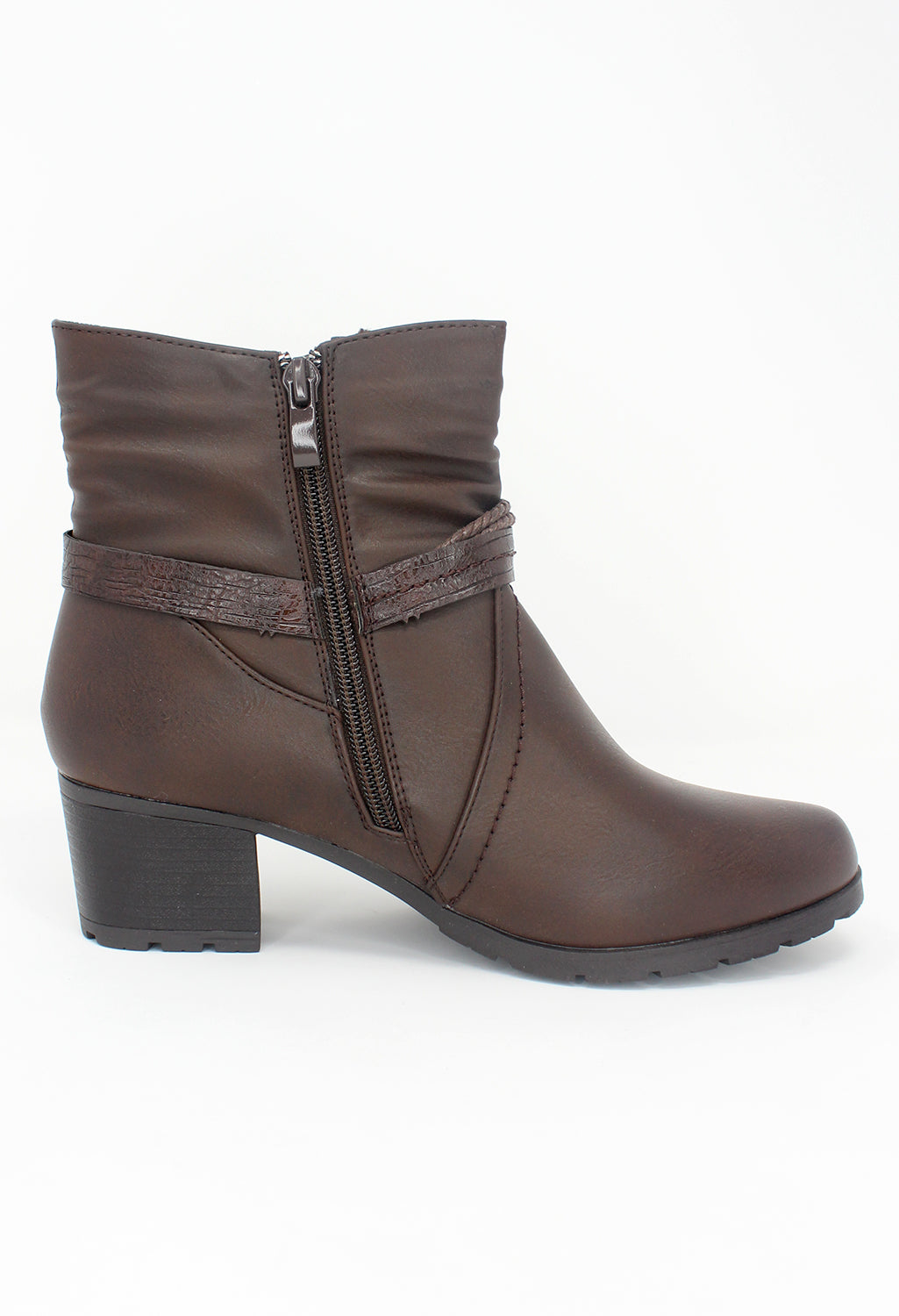 Brown Block Heel Plain Front Ankle Boot