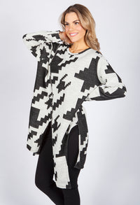 GEOMETRIC DESIGN KNIT LONG TOP WITH ZIP DETAILS