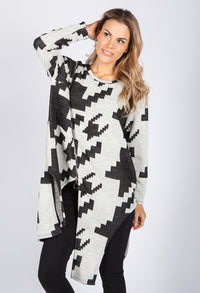 GEOMETRIC DESIGN KNIT LONG TOP WITH ZIP DETAILS