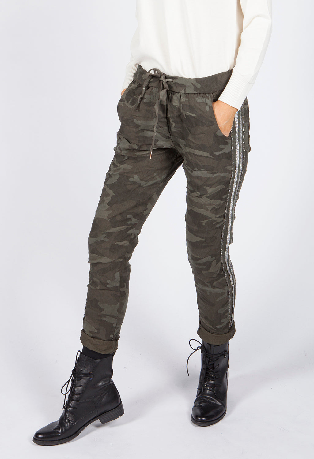 Khaki Camouflage Joggers with Silver Glitter Stripes