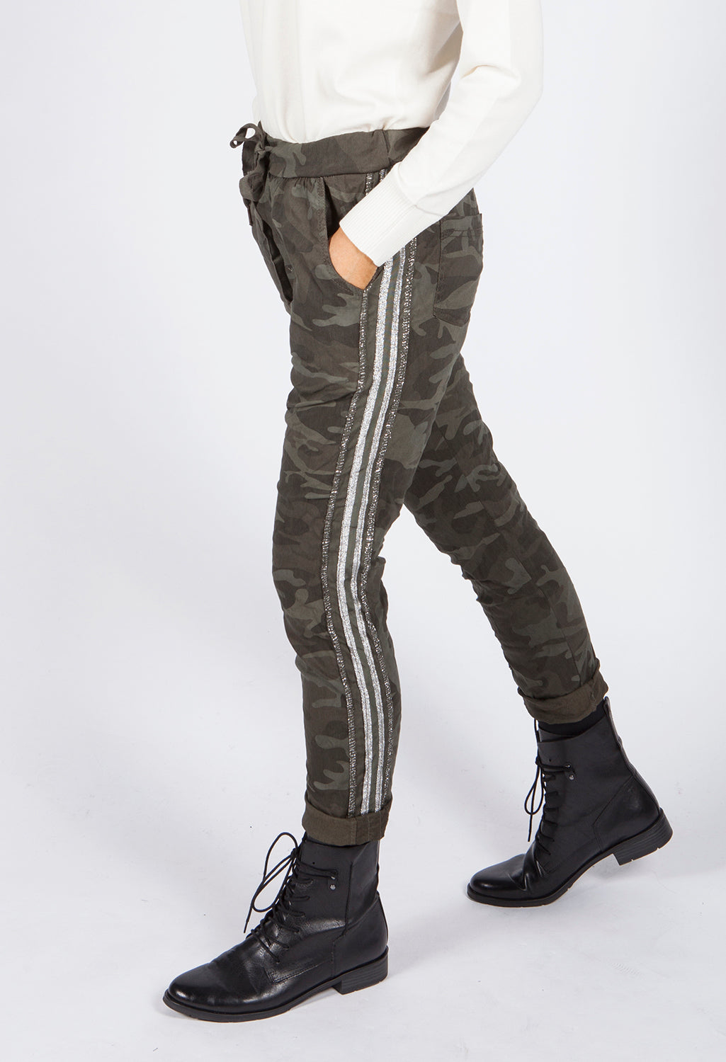 Khaki Camouflage Joggers with Silver Glitter Stripes