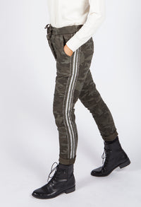 Khaki Camouflage Joggers with Silver Glitter Stripes