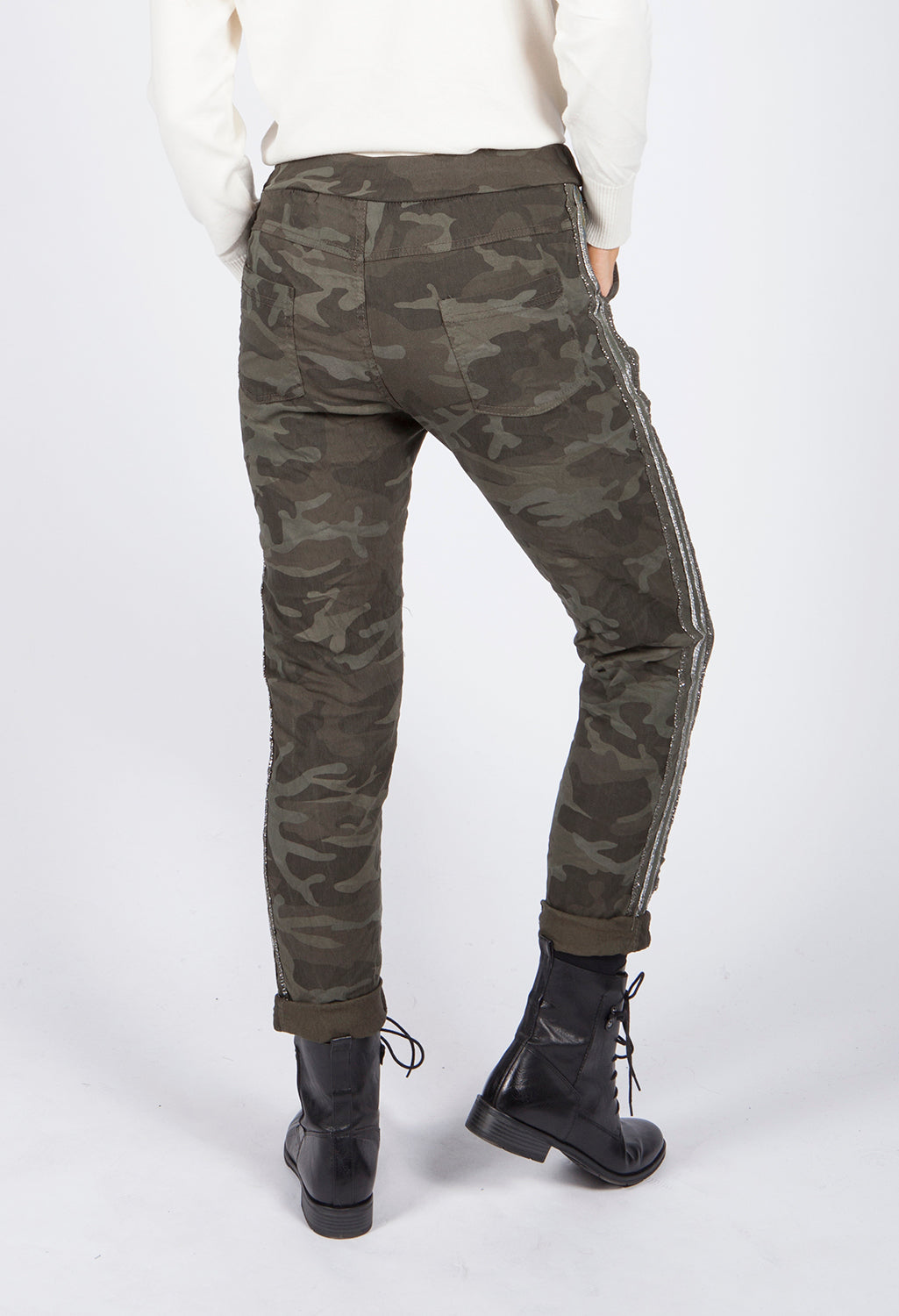 Khaki Camouflage Joggers with Silver Glitter Stripes