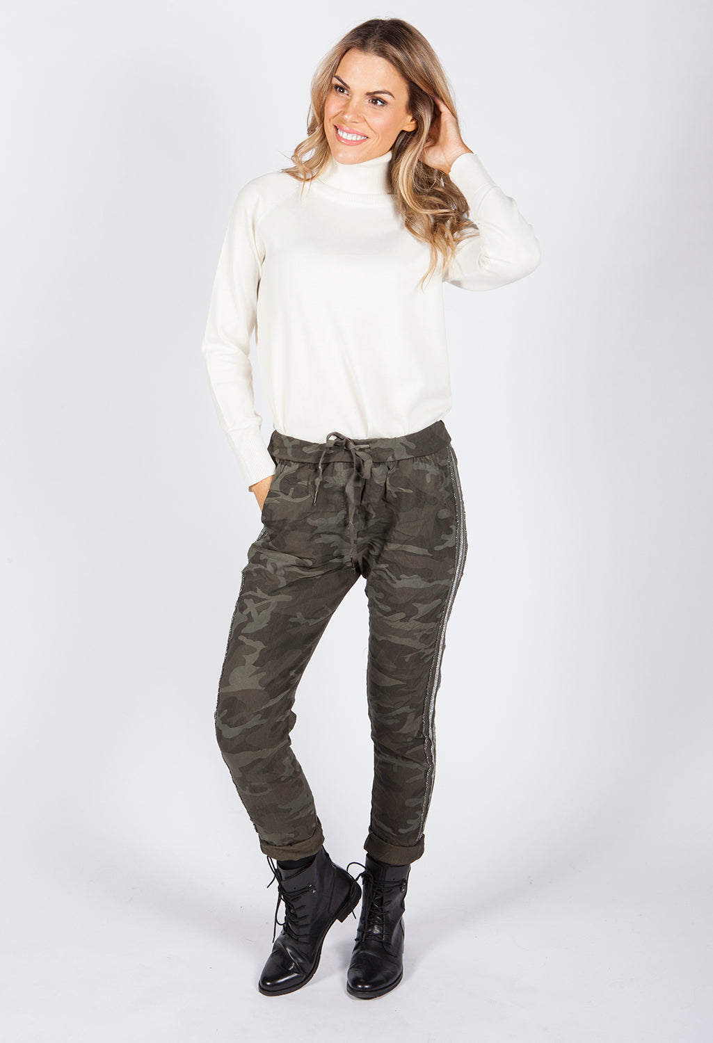 Khaki Camouflage Joggers with Silver Glitter Stripes