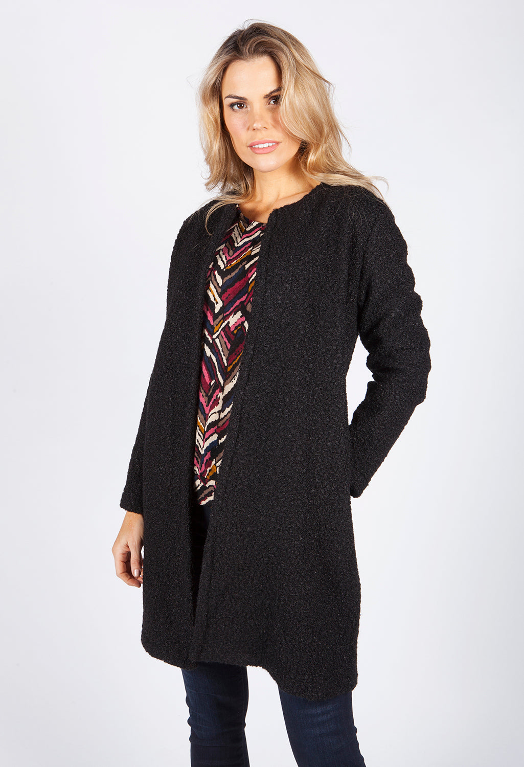 Charcoal Boucle Open Long Line Coat