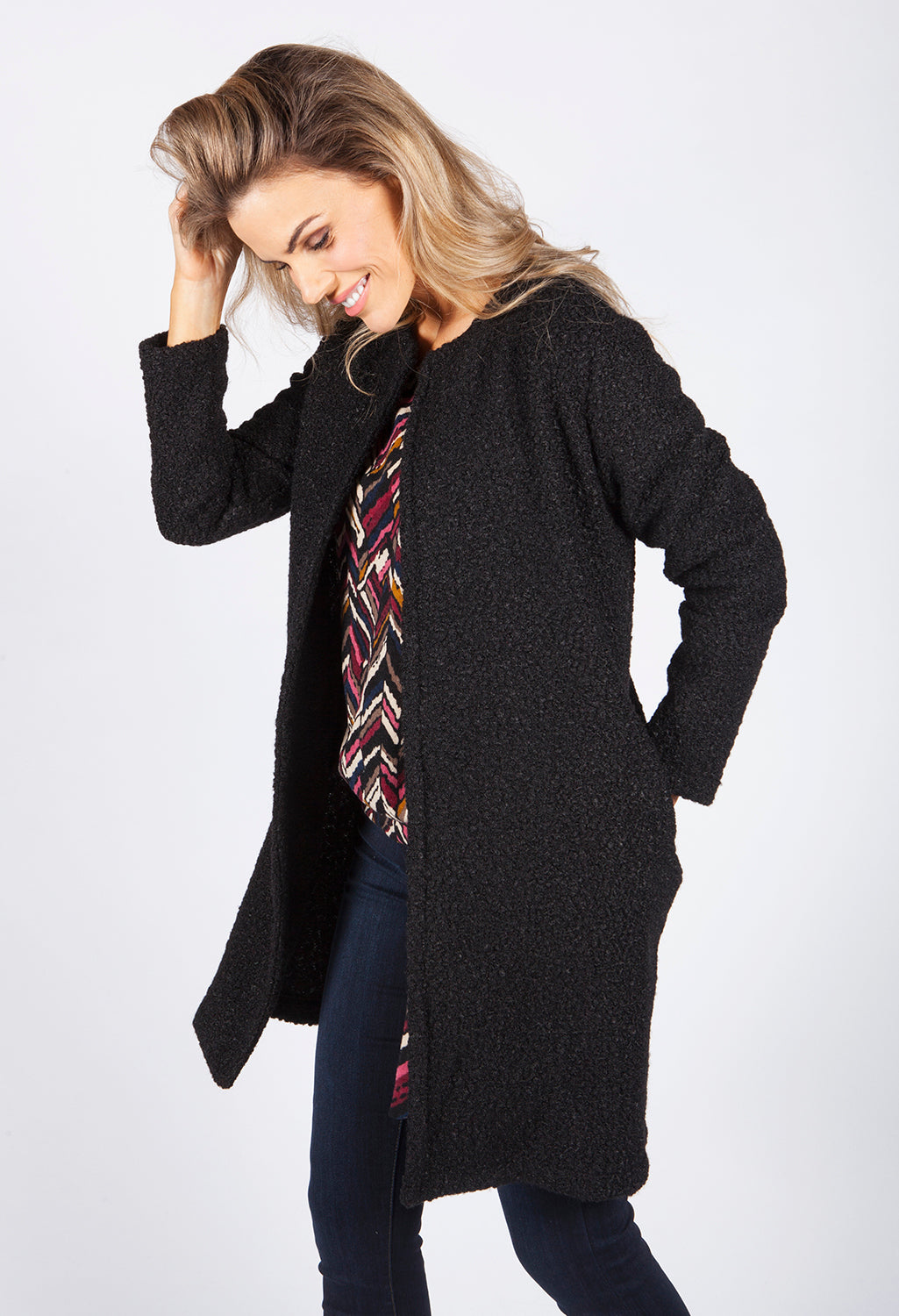 Charcoal Boucle Open Long Line Coat