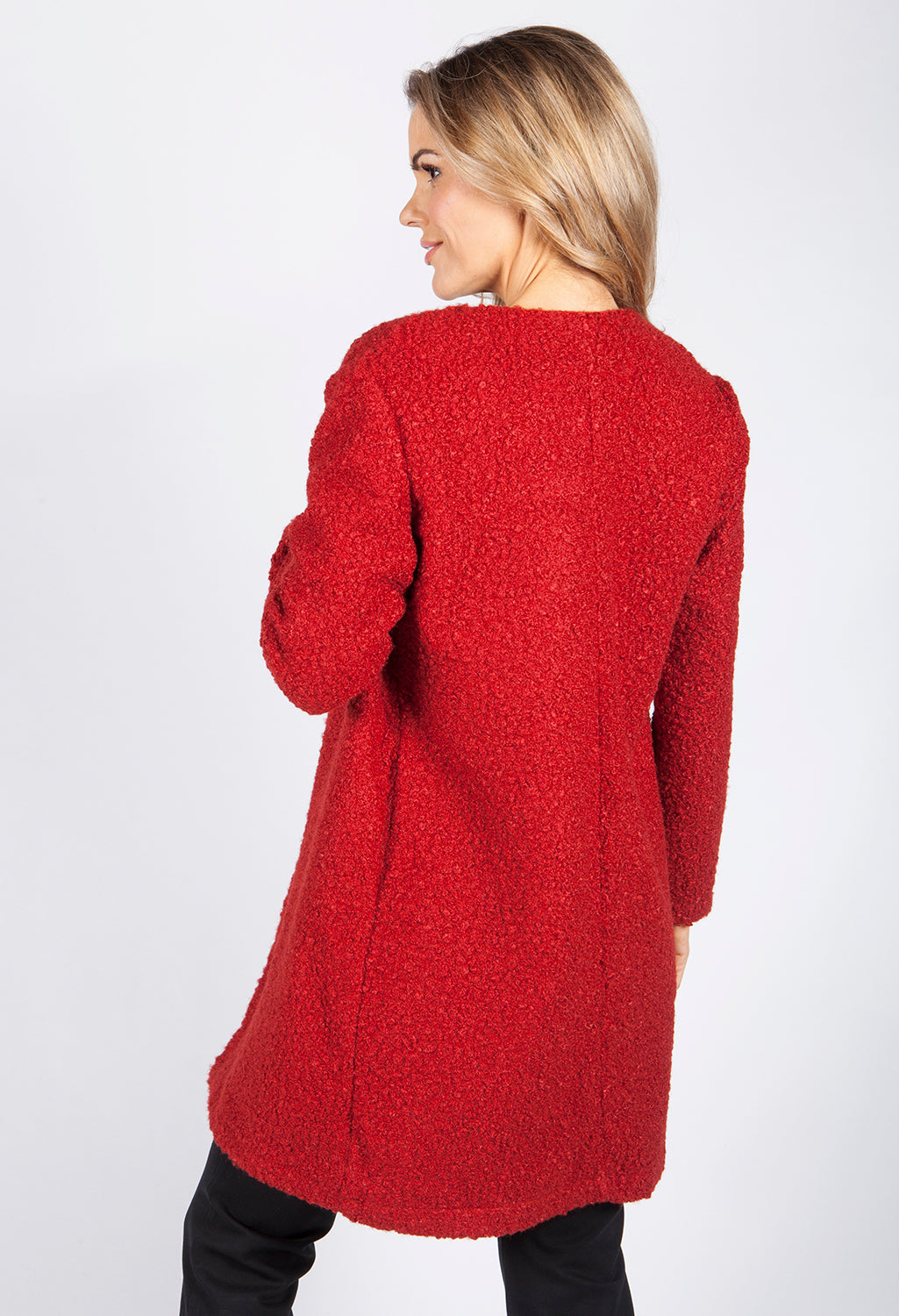 Red Boucle Open Long Line Coat