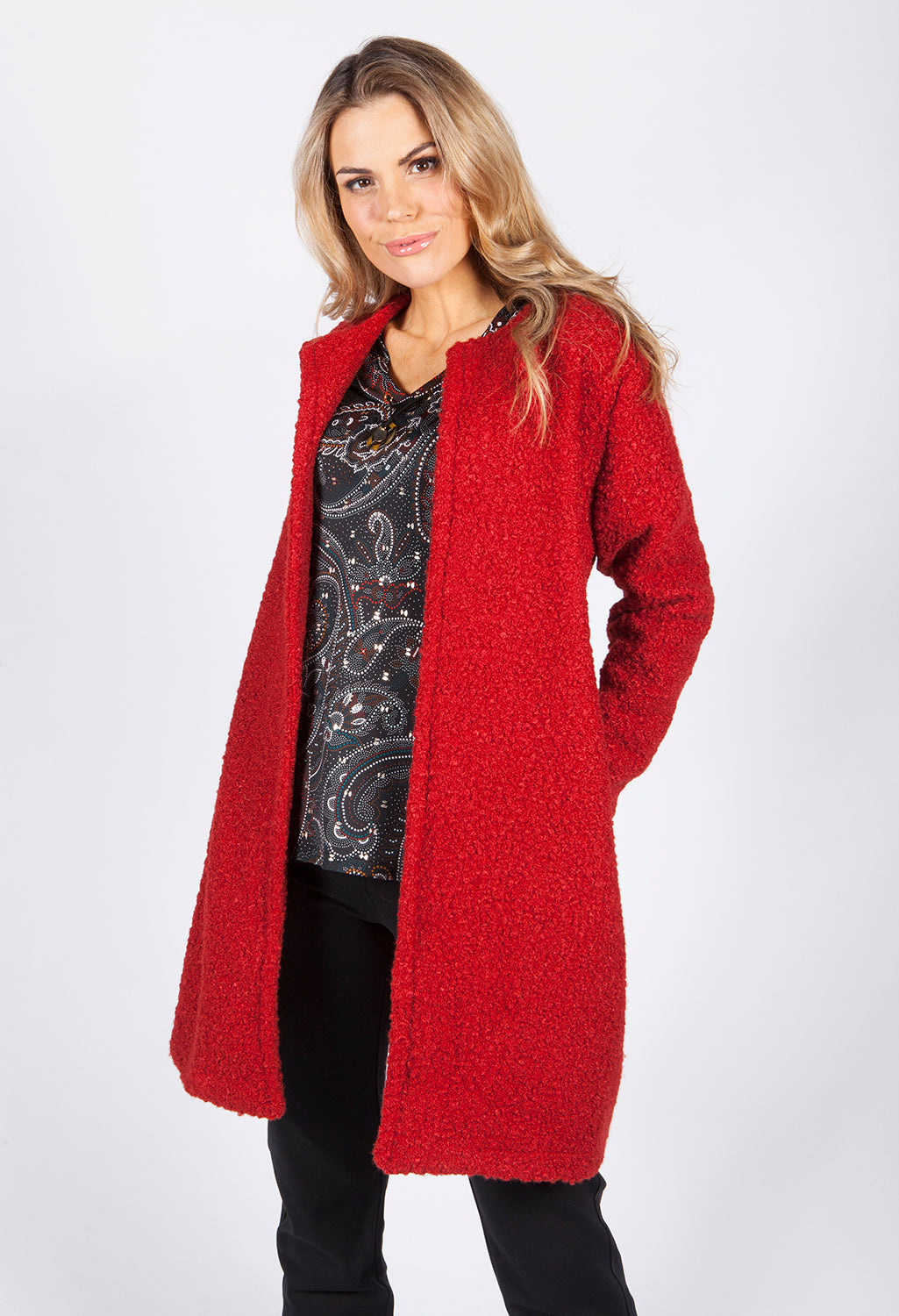 Red Boucle Open Long Line Coat