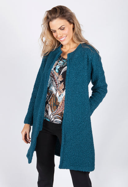 Teal Boucle Open Long Line Coat