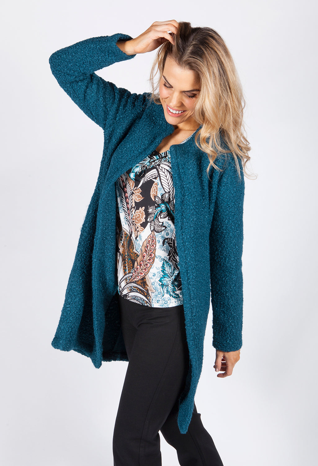 Teal Boucle Open Long Line Coat