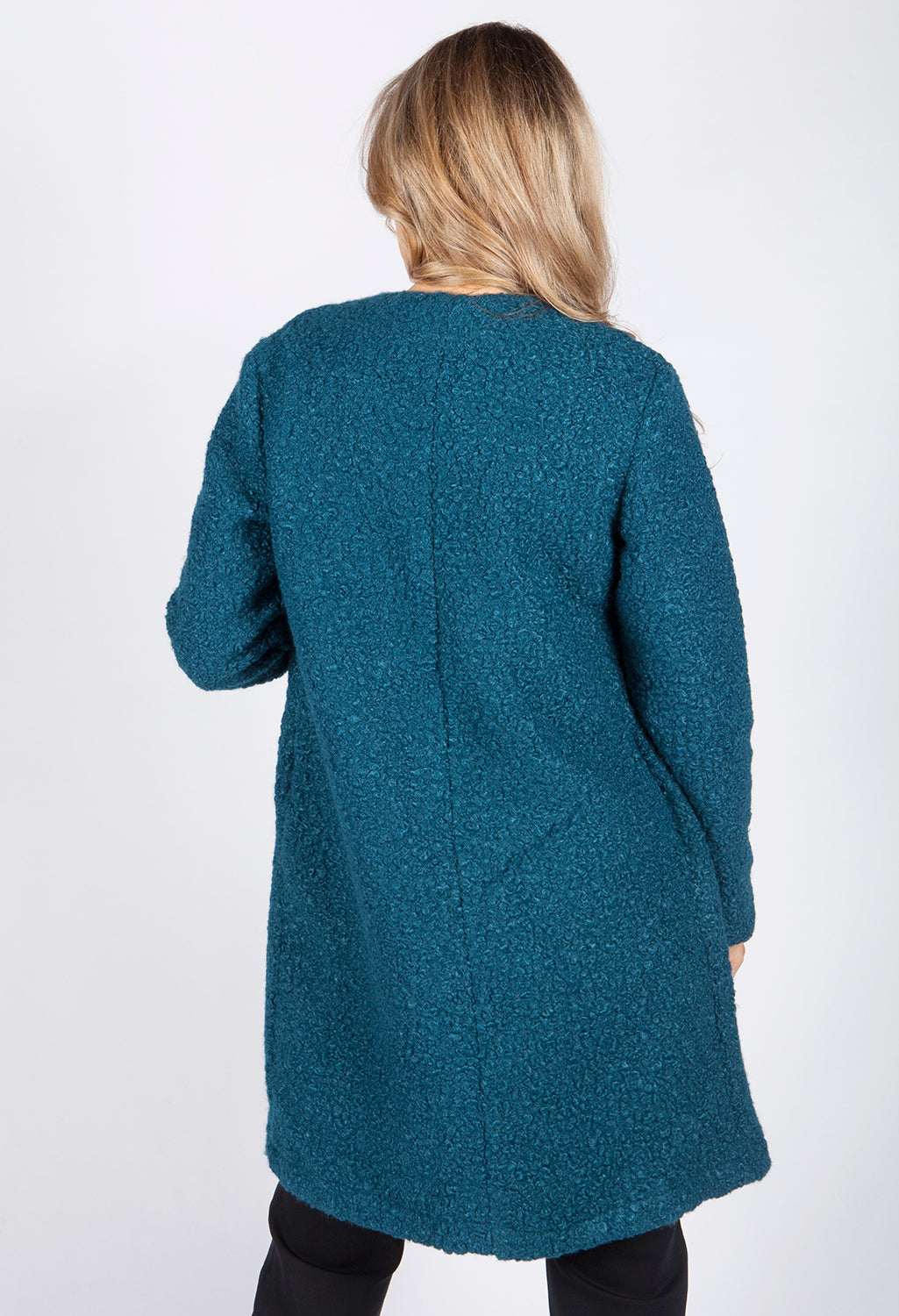 Teal Boucle Open Long Line Coat