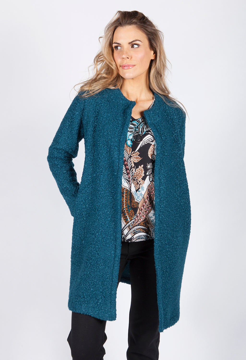 Teal Boucle Open Long Line Coat