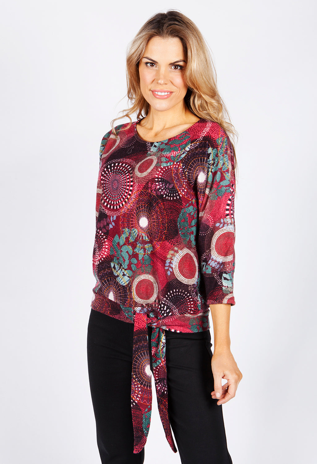 Circle Print Tied Hem Batwing Top