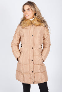 Beige Belted Coat with Detachable Faux Fur Collar