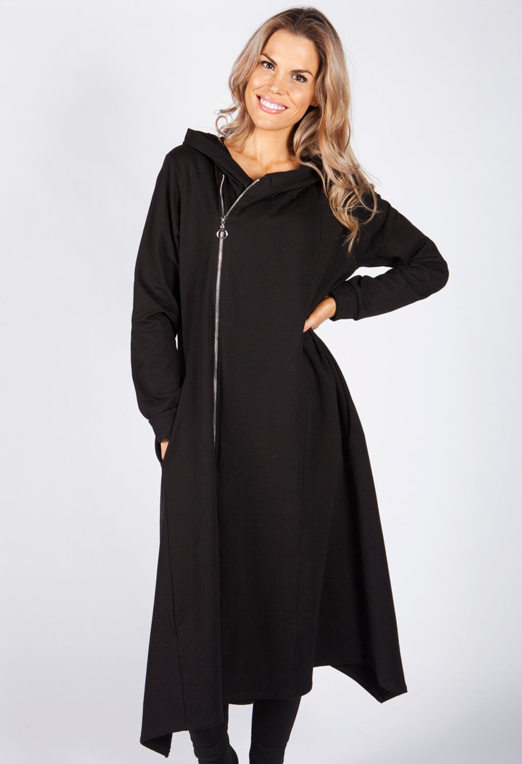 Black Hooded Zip Up Dress