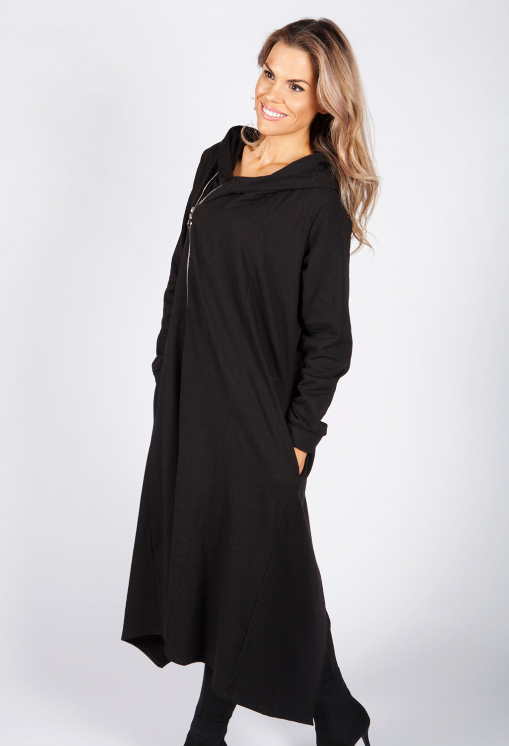 Black Hooded Zip Up Dress