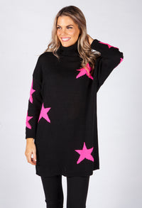 Black Knit Tunic with Pink Star Design