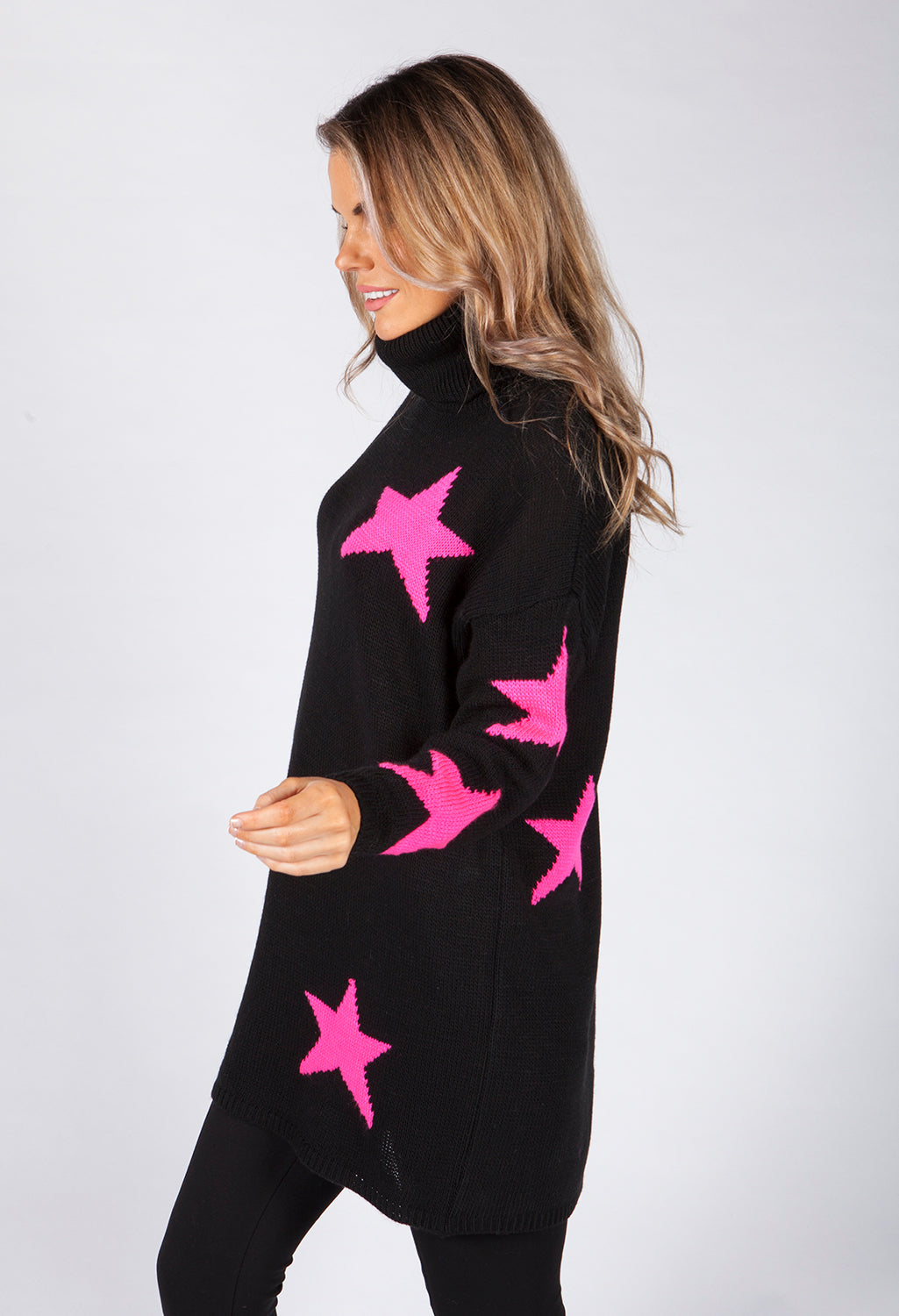 Black Knit Tunic with Pink Star Design