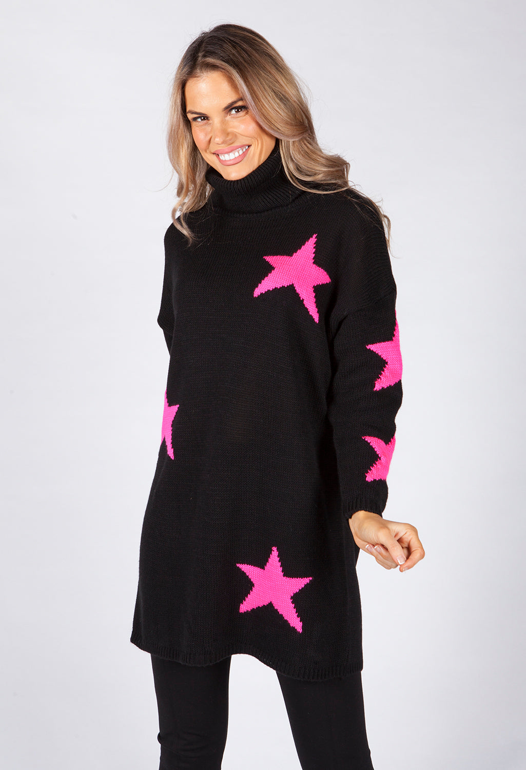 Black Knit Tunic with Pink Star Design