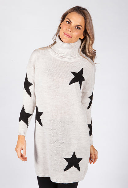 Beige Knit Tunic with Black Star Design