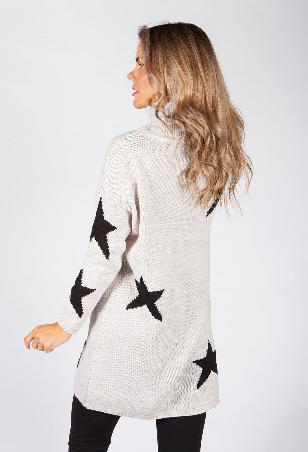 Beige Knit Tunic with Black Star Design