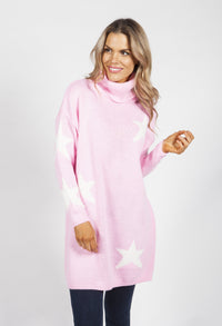 Candy Pink Knit Tunic with White Star Design