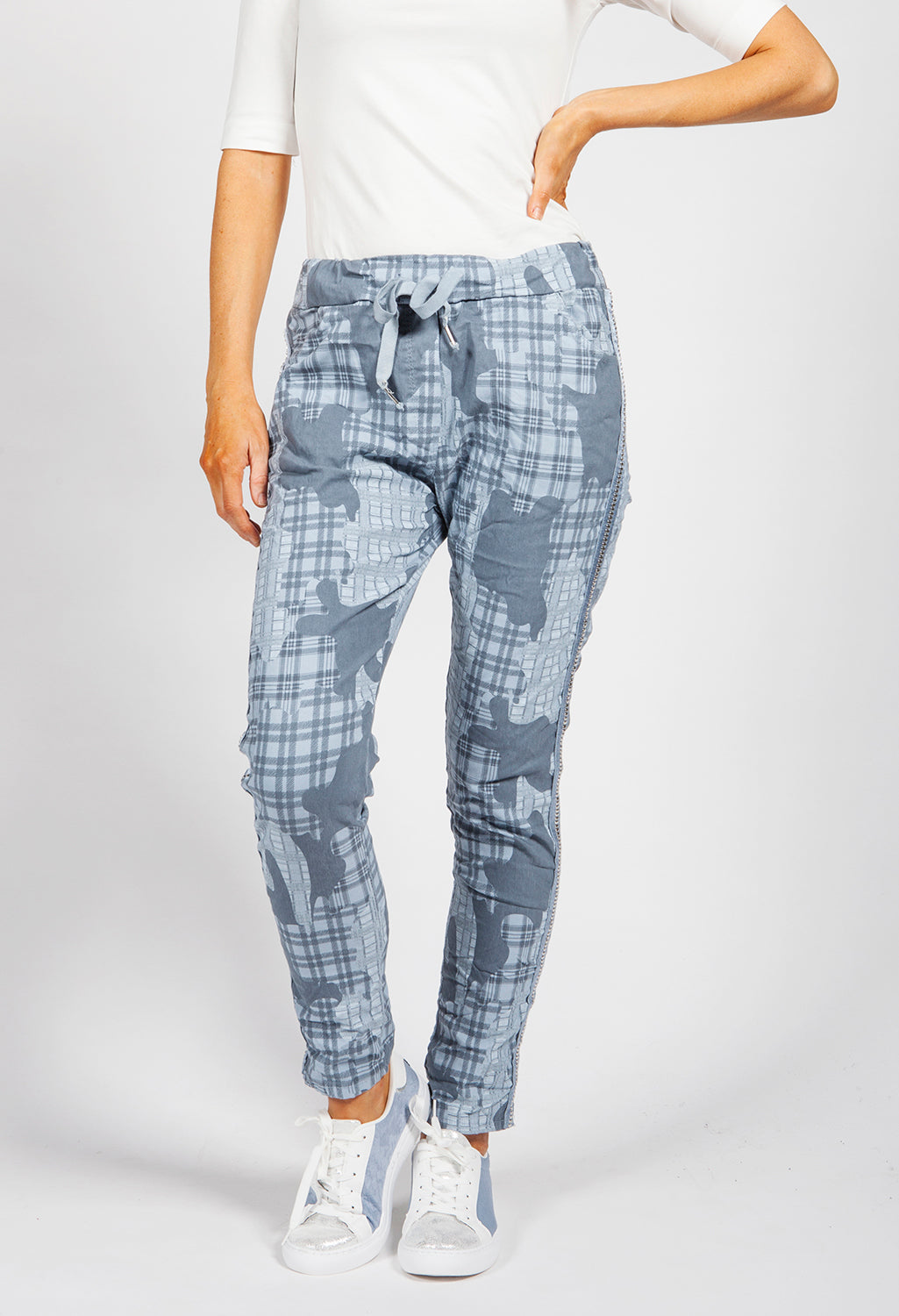 Steel Blue Patchwork Print Joggers