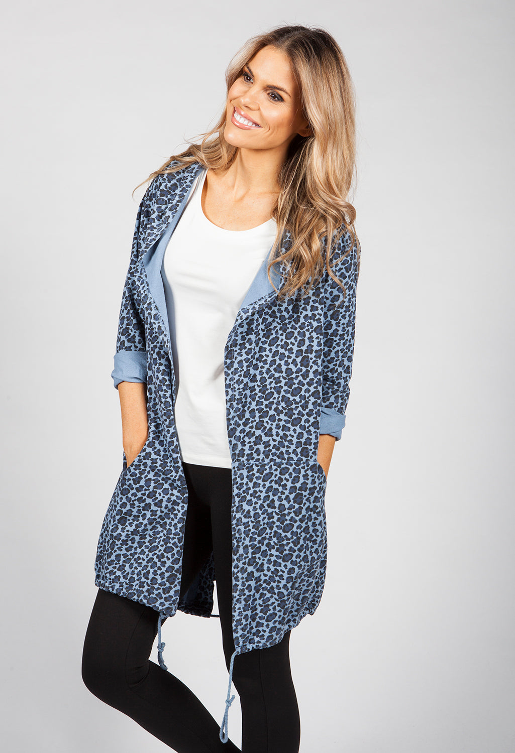 Deep Blue Leopard Print Open Cardigan