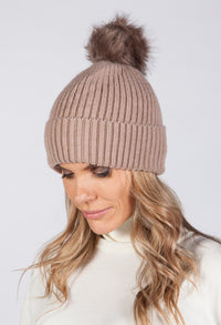 Taupe Knit Hat with Pompom