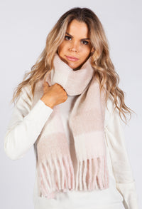 Soft Pink and Beige Checked Woolly Scarf