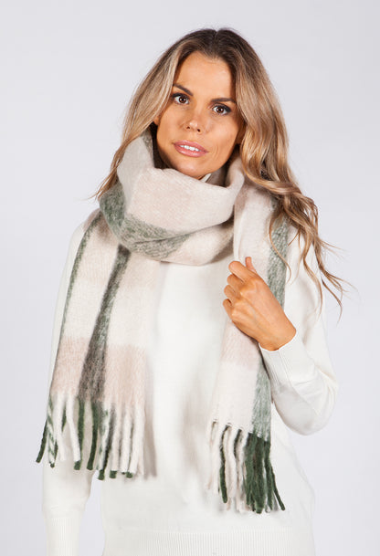 Khaki and Beige Checked Woolly Scarf