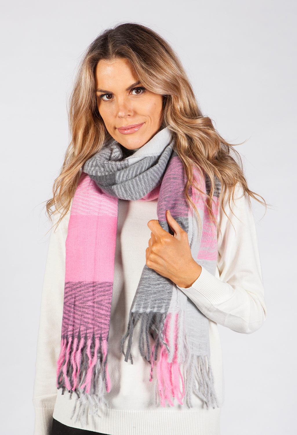 Grey and Pink Panelled Scarf