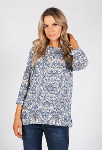 Blue and White Paisley Print Top