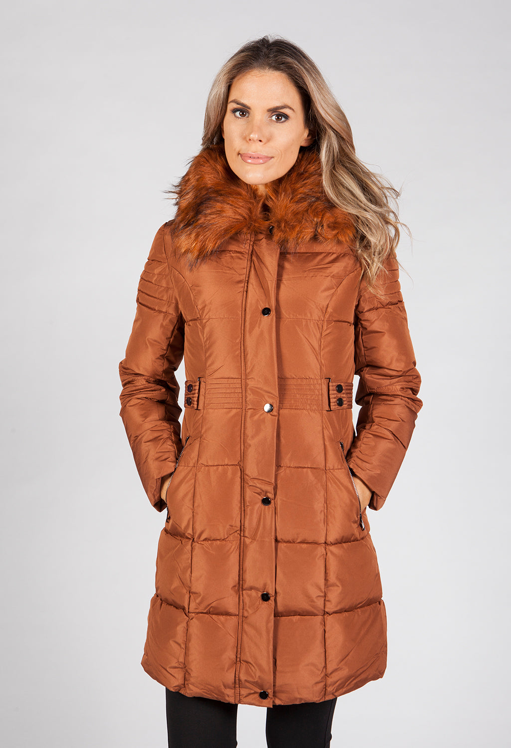 Light Brown Belted Coat with Detachable Faux Fur Collar