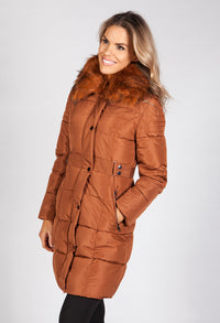 Light Brown Belted Coat with Detachable Faux Fur Collar